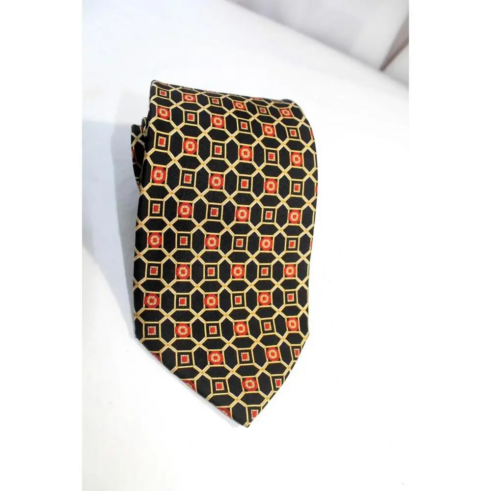 Brown & Church Silk Necktie, Black/Gold/Red Geometric, 3.75 X 58 Inches